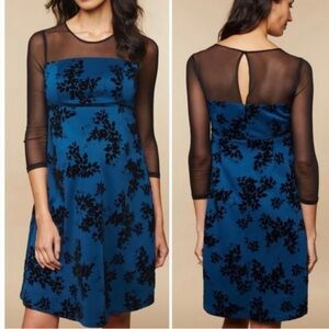 Maternity Blue Formal Dress w Black Velvet Florals & Black Mesh Neckline Medium